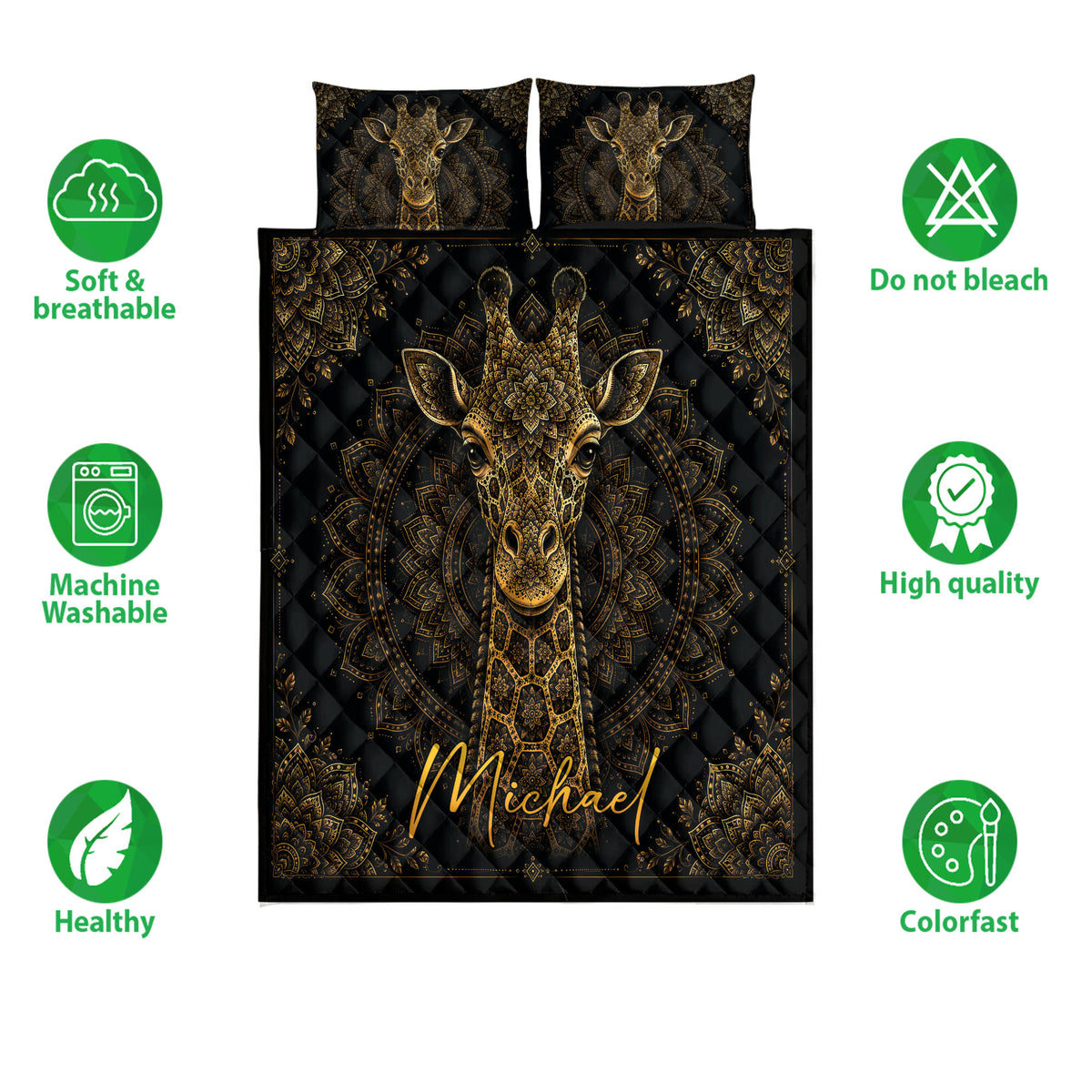 Black and gold giraffe quilt bedding set shown with ornate mandala artwork and care icons