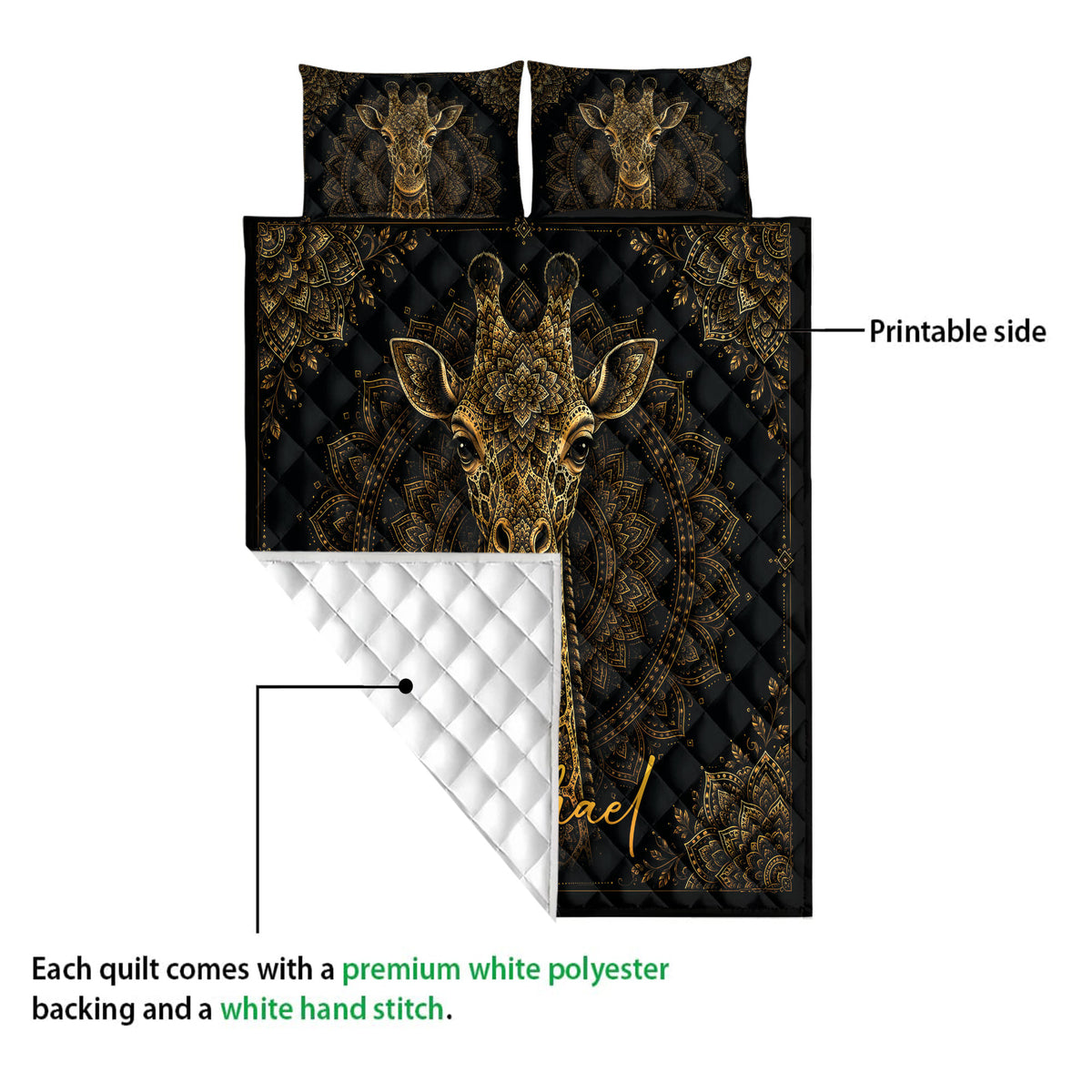 Giraffe quilt bedding set showing the printed side and white quilted backing