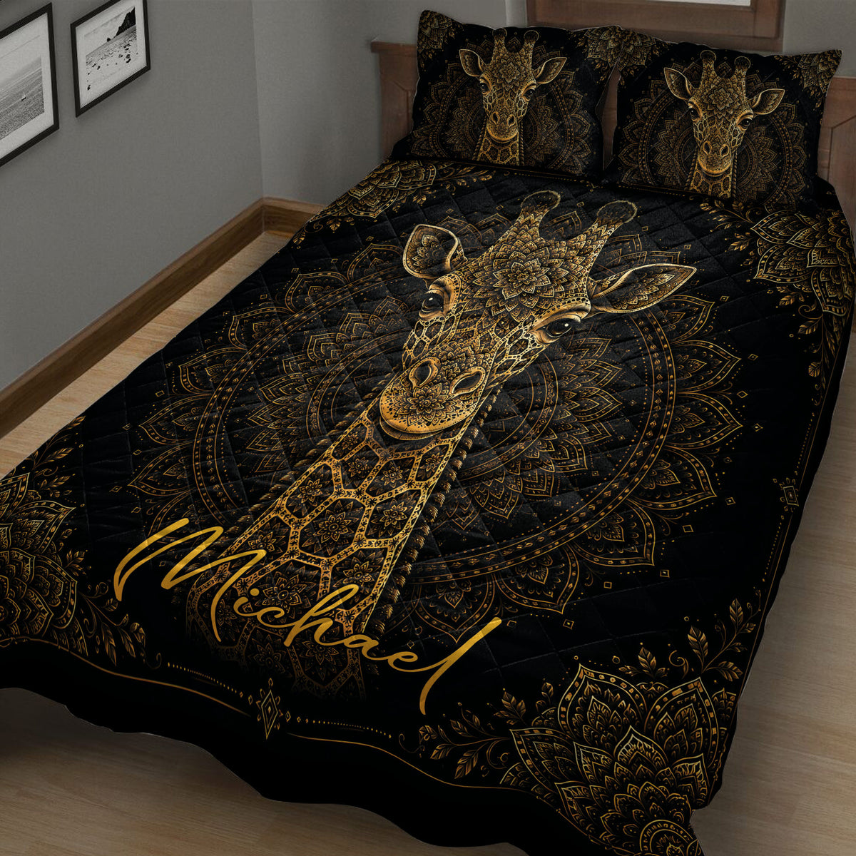 Ornate black and gold giraffe quilt blanket displayed across a bedroom with matching pillows