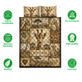 Giraffe quilt bedding set shown with savanna artwork and product feature icons around the design