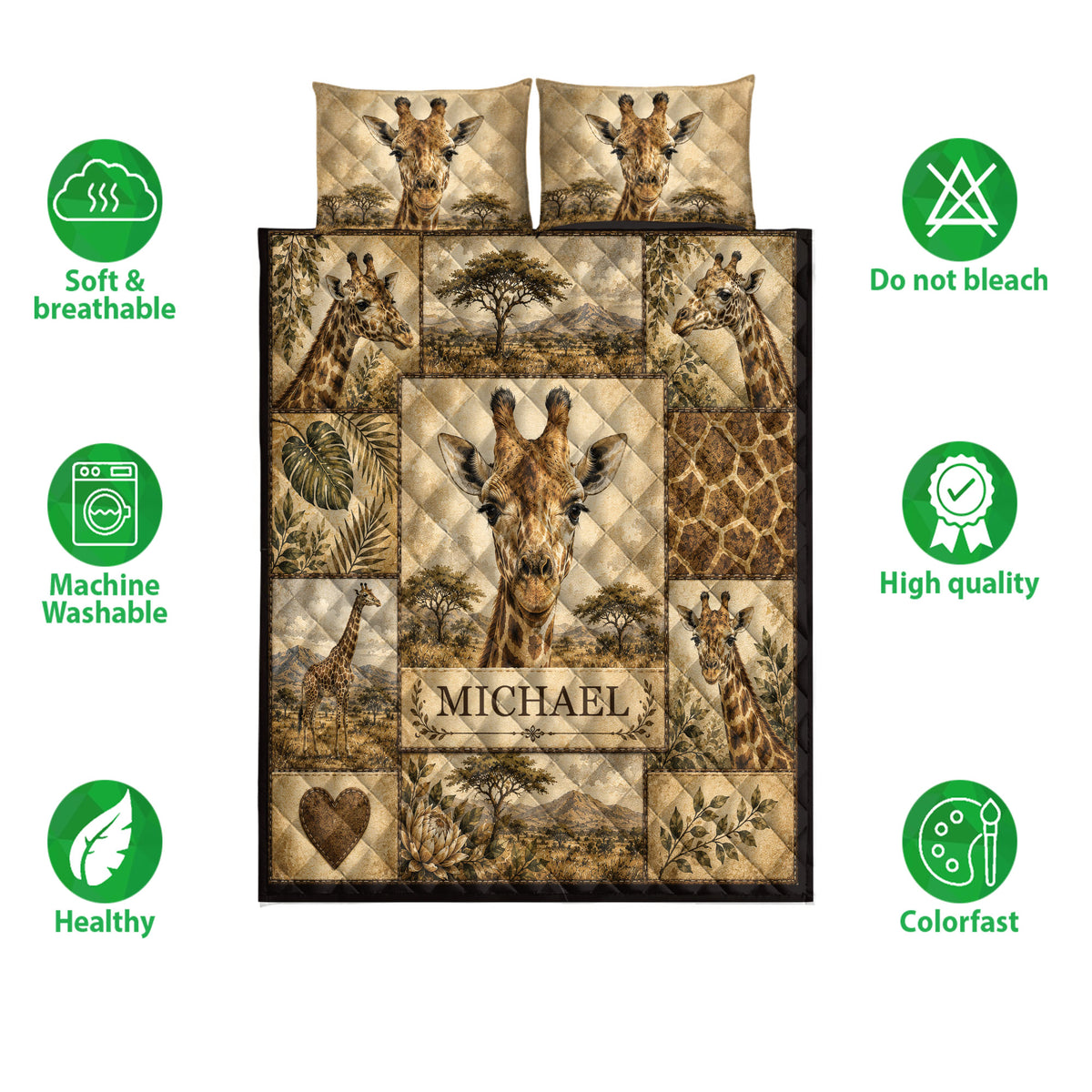 Giraffe quilt bedding set shown with savanna artwork and product feature icons around the design