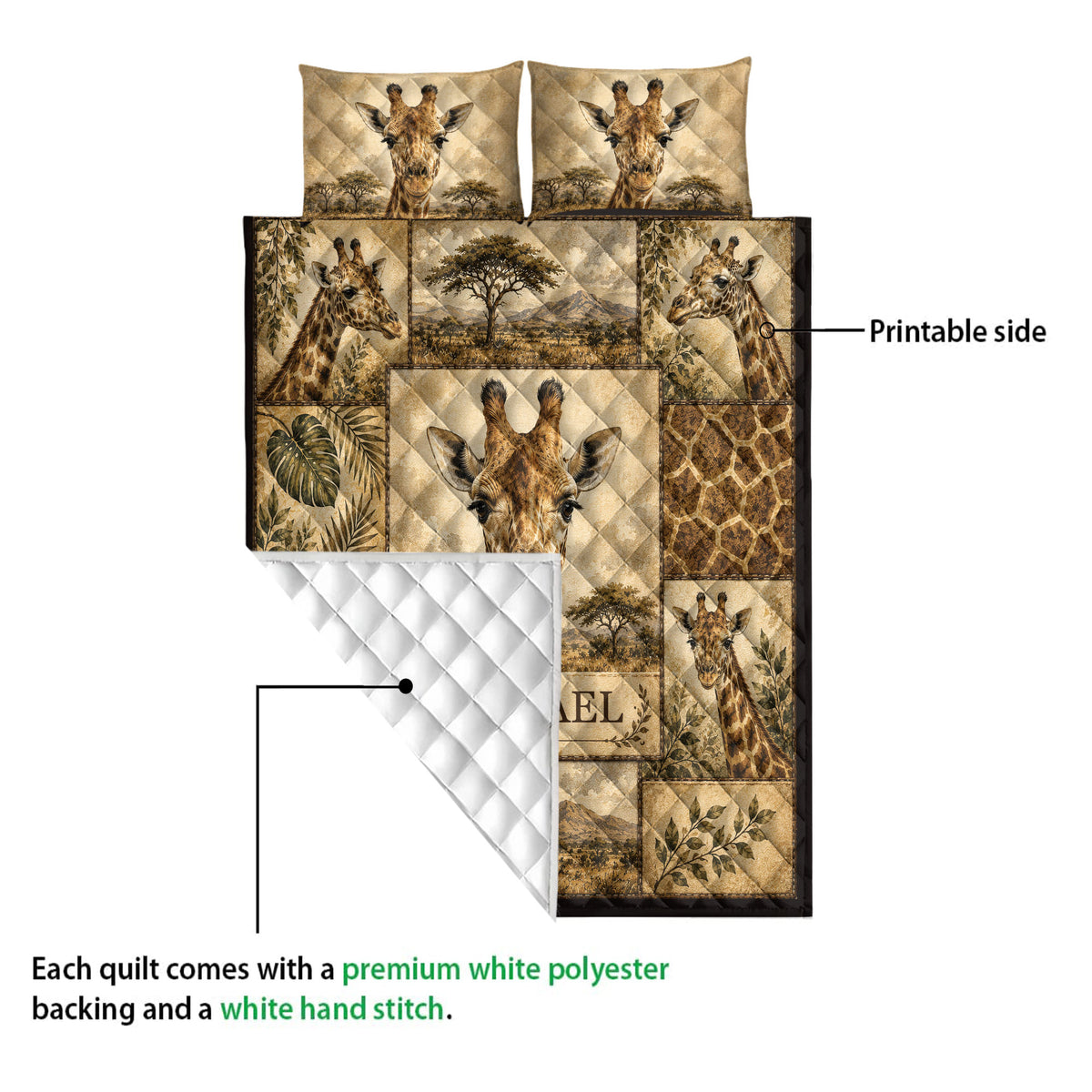 Giraffe quilt showing its printed front, white quilted backing, and stitched construction