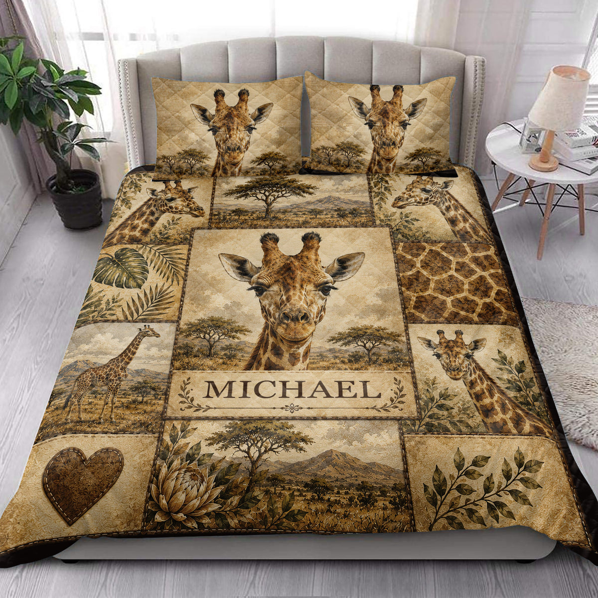 Giraffe quilt blanket styled in a bright bedroom with matching giraffe-themed bed artwork