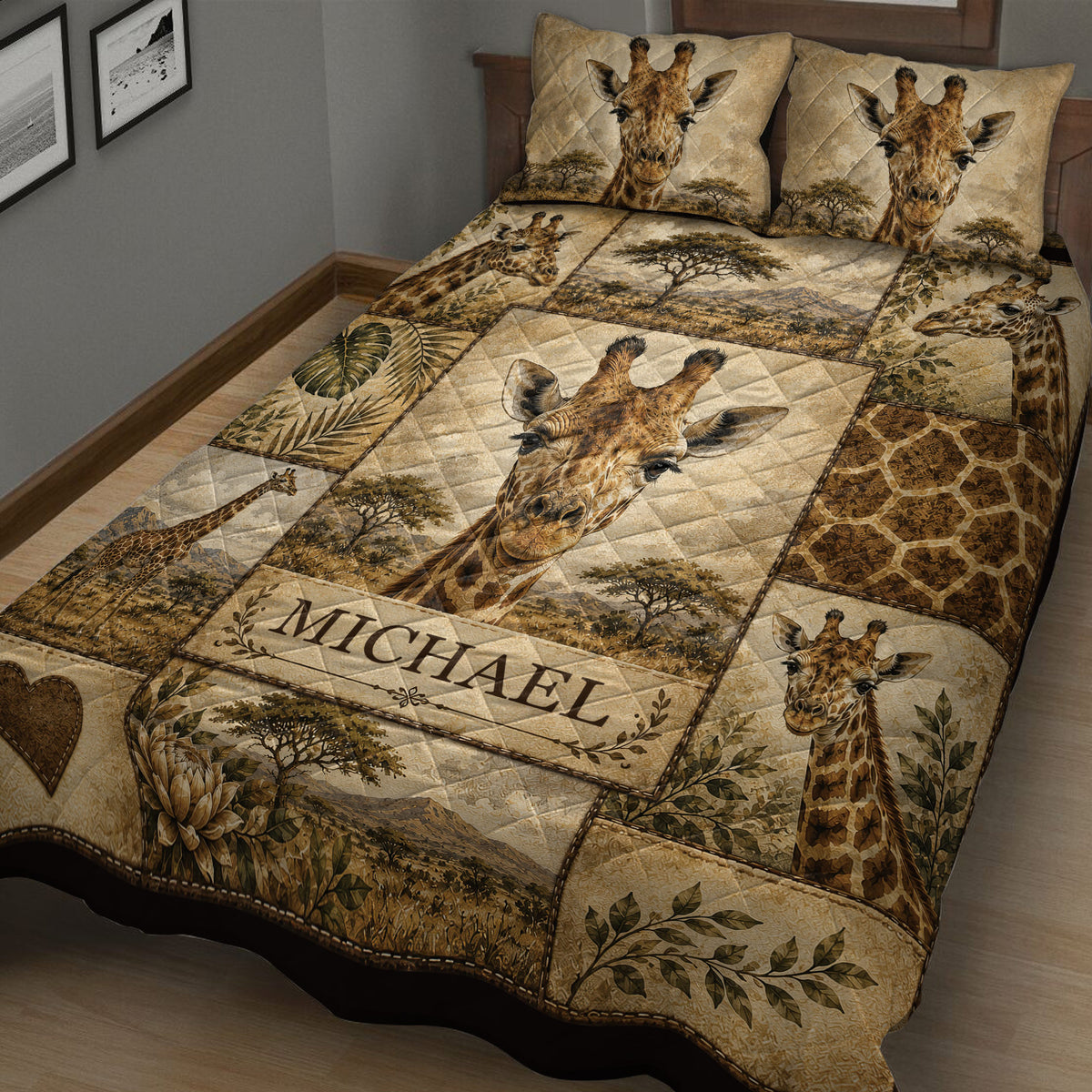 Close view of giraffe quilt bedding with detailed animal portraits, acacia trees, leaves, and savanna scenes