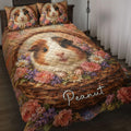Guinea pig quilt blanket displayed on a bed with floral artwork and matching guinea pig pillow designs
