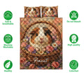 Guinea pig quilt bedding set with floral nest artwork shown alongside care and quality icons