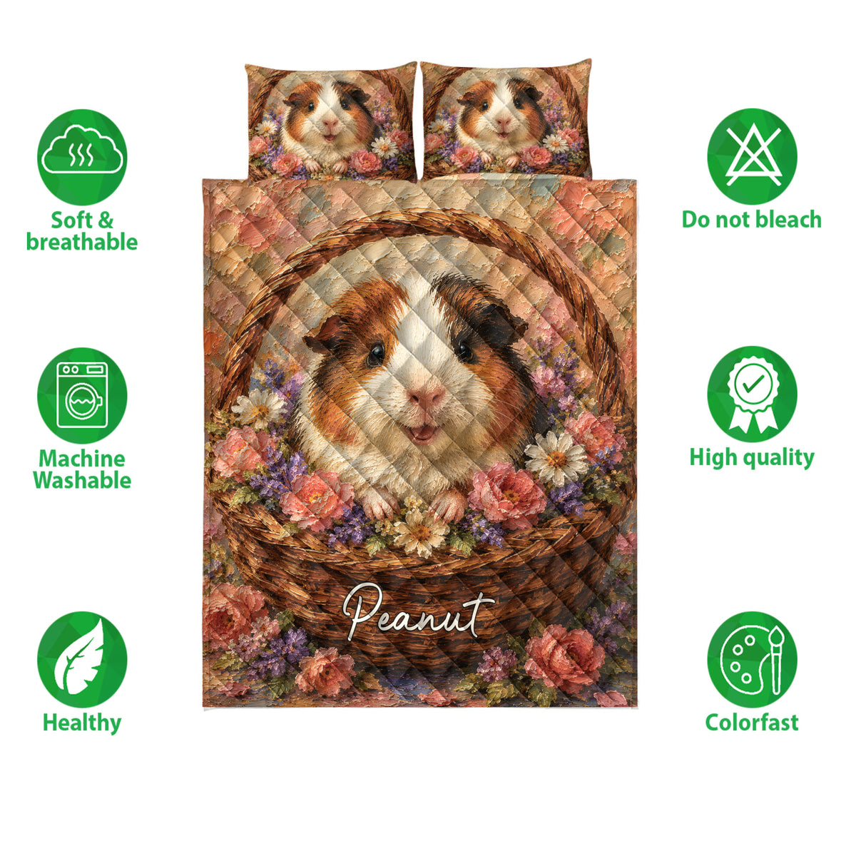 Guinea pig quilt bedding set with floral nest artwork shown alongside care and quality icons