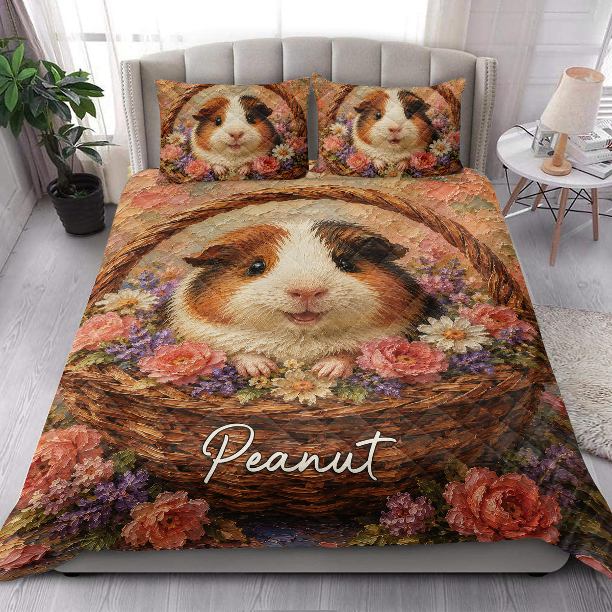 Guinea pig floral quilt blanket styled on a modern bedroom bed with matching decorative pillows