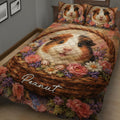 Close bedroom view of a guinea pig quilt blanket covered in colorful flowers and rustic nest artwork