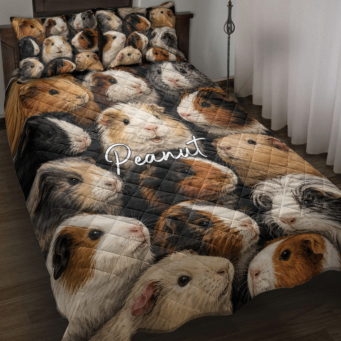 Guinea pig quilt blanket displayed on a bed with matching guinea pig artwork across the bedding
