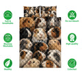 Guinea pig quilt bedding set shown with colorful cavy artwork and product feature icons
