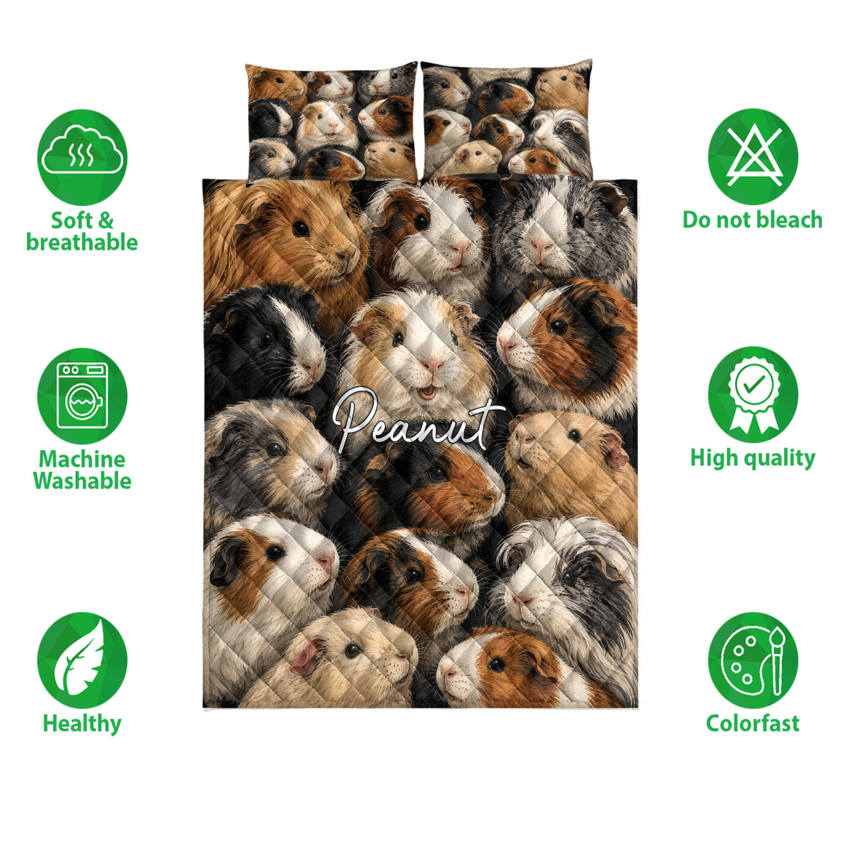 Guinea pig quilt bedding set shown with colorful cavy artwork and product feature icons
