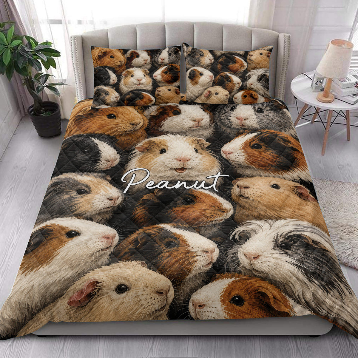 Guinea pig quilt blanket styled on a bedroom bed with matching printed pillowcase options