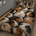 Close bedroom view of a guinea pig quilt blanket featuring colorful cavy portraits