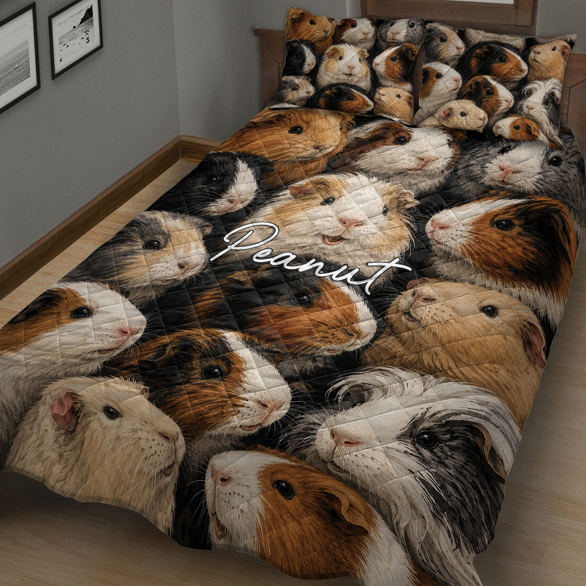 Close bedroom view of a guinea pig quilt blanket featuring colorful cavy portraits
