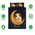 Guinea pig quilt bedding set with moonlit artwork shown alongside soft, breathable, washable, and colorfast feature icons