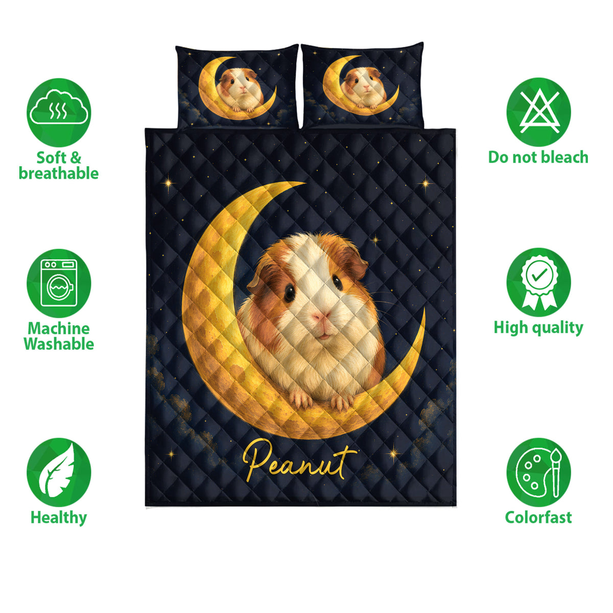 Guinea pig quilt bedding set with moonlit artwork shown alongside soft, breathable, washable, and colorfast feature icons