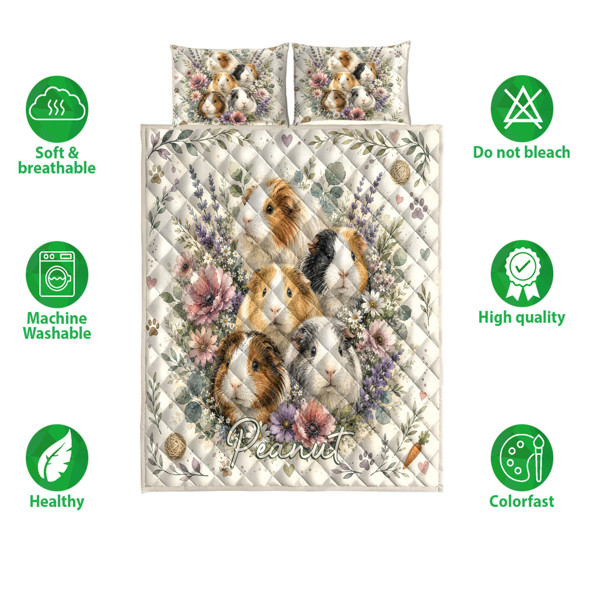 Guinea pig quilt bedding set shown with floral animal artwork and soft breathable bedding feature icons