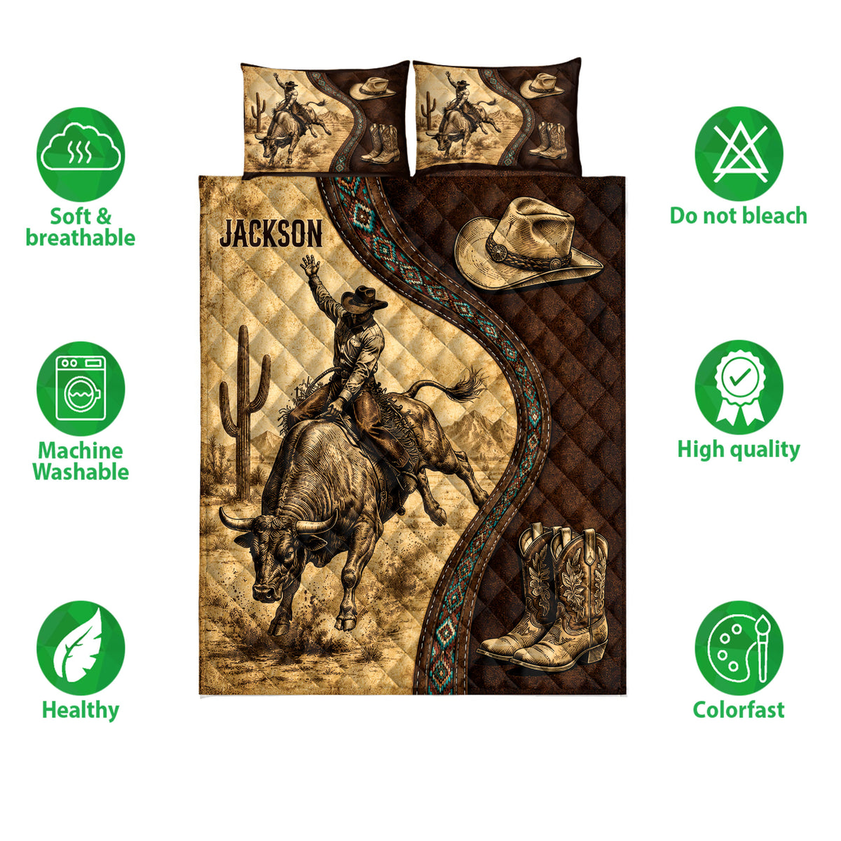 Rodeo quilt bedding set with bull rider artwork, cowboy boots, hats, and Western-inspired brown and tan design