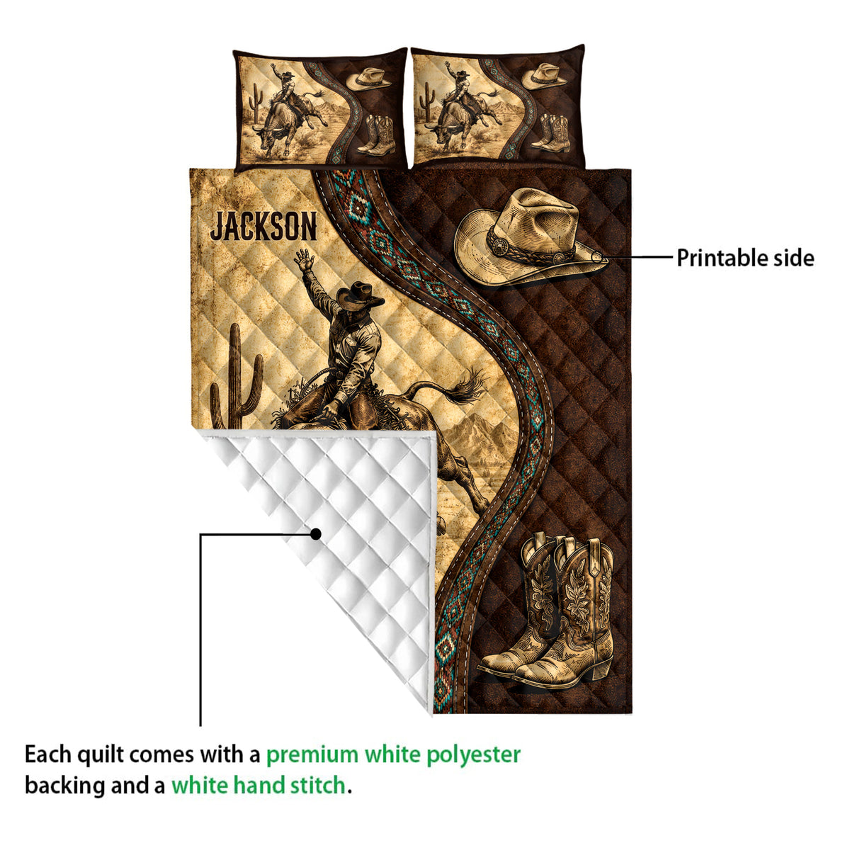 Rodeo quilt detail showing printed bull rider artwork, cowboy hat, Western boots, and quilted white backing