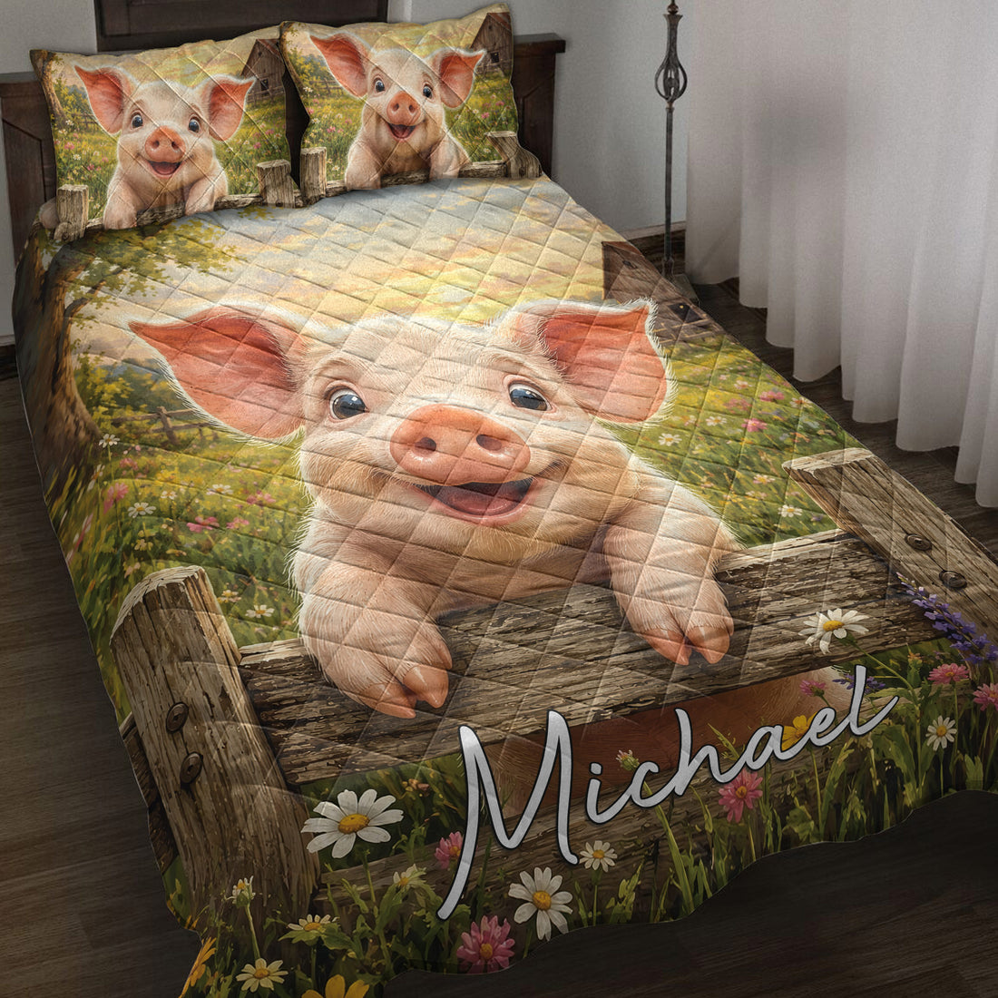 Pig quilt bedding set displayed on a bed with smiling piglets, wildflowers, rustic fencing, and farmhouse scenery