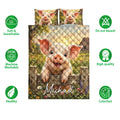 Pig quilt bedding set shown with smiling piglets, meadow artwork, and product feature icons