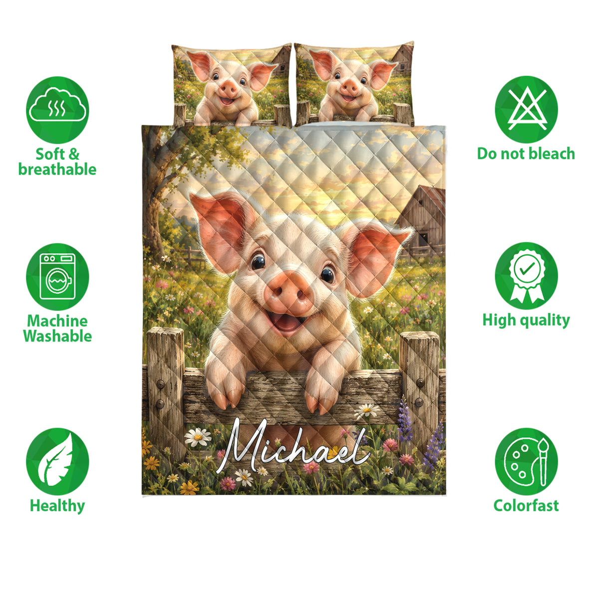 Pig quilt bedding set shown with smiling piglets, meadow artwork, and product feature icons