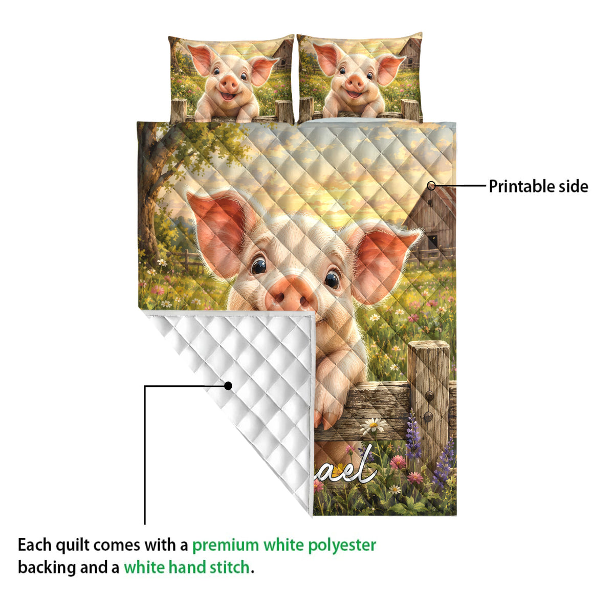 Pig quilt showing its printed meadow side and white quilted backing detail