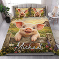 Pig quilt bedding set styled in a bright bedroom with a large piglet and floral farm scene