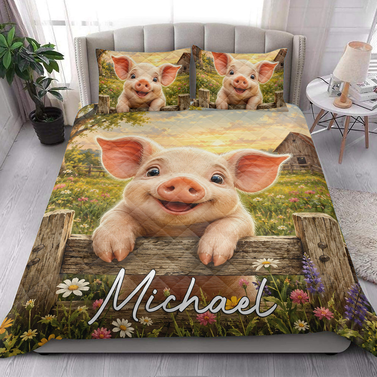 Pig quilt bedding set styled in a bright bedroom with a large piglet and floral farm scene