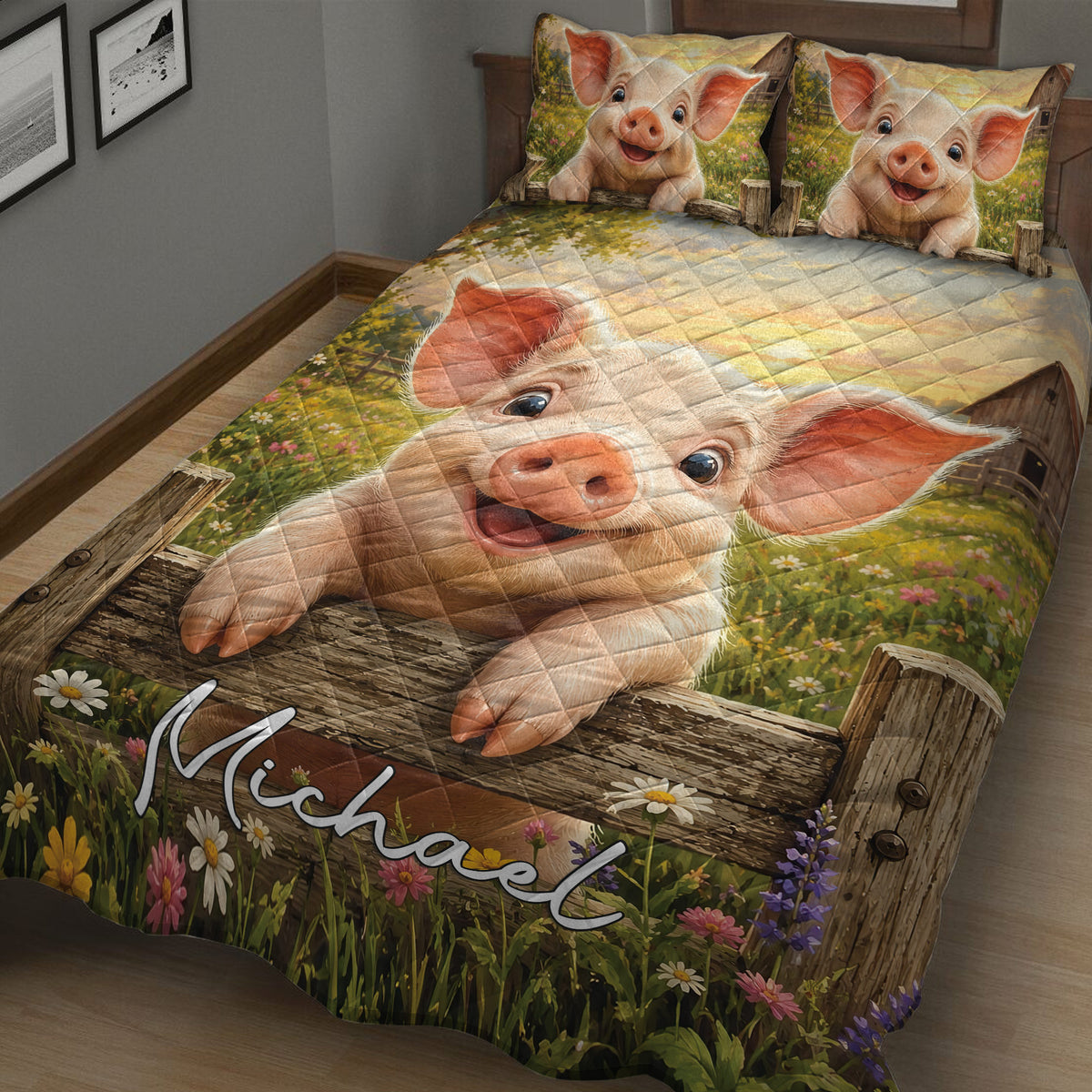 Rustic pig quilt bedding set featuring a large piglet, fence, meadow flowers, and farmhouse artwork