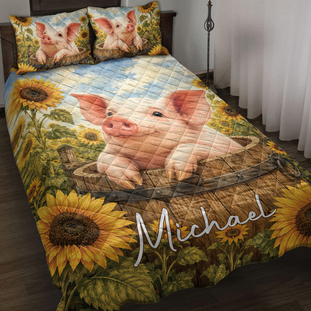 Pig quilt bedding set with a large pig in a wooden barrel surrounded by sunflowers