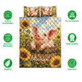 Pig quilt blanket and pillowcase option shown with sunflower artwork and product feature icons