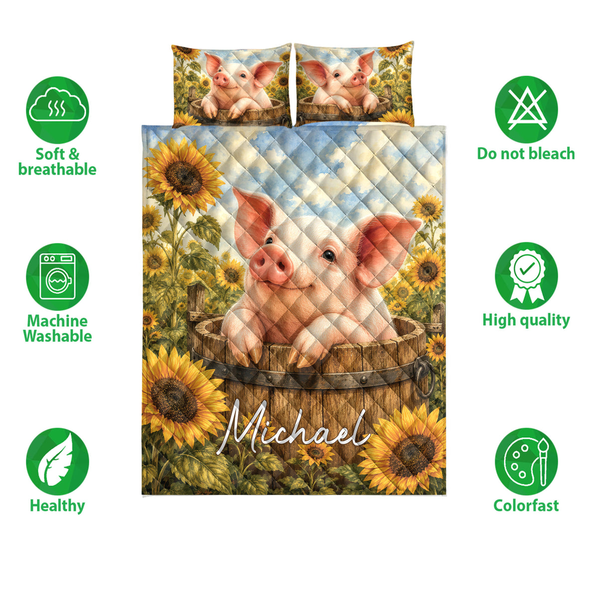 Pig quilt blanket and pillowcase option shown with sunflower artwork and product feature icons