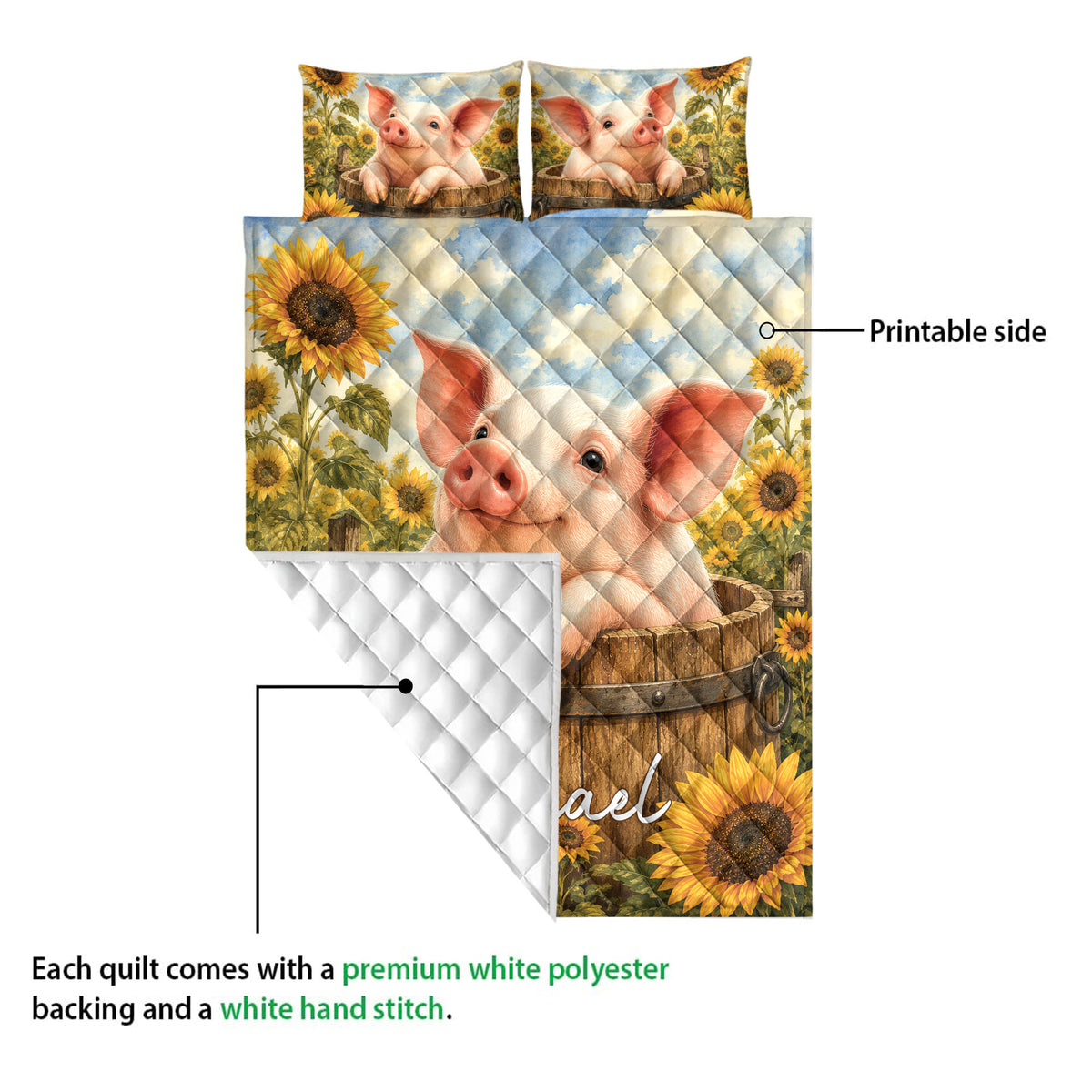 Pig quilt blanket showing the printed sunflower side and white quilted backing detail