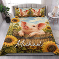 Pig and sunflower quilt bedding displayed on a modern bedroom bed