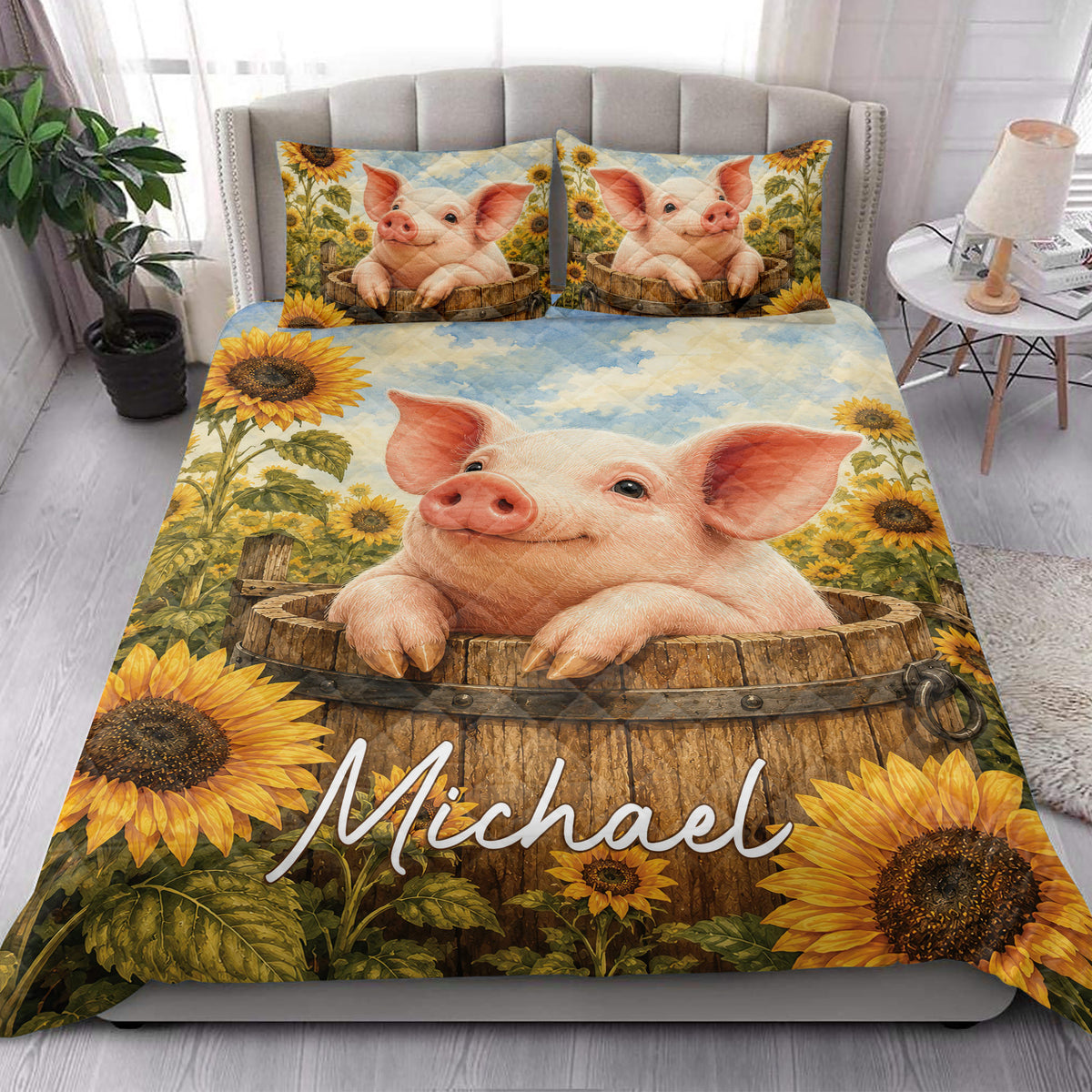 Pig and sunflower quilt bedding displayed on a modern bedroom bed