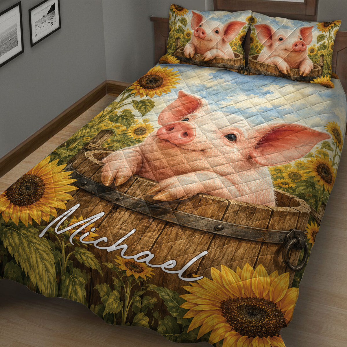 Close view of a pig quilt blanket with sunflower borders and rustic barrel artwork
