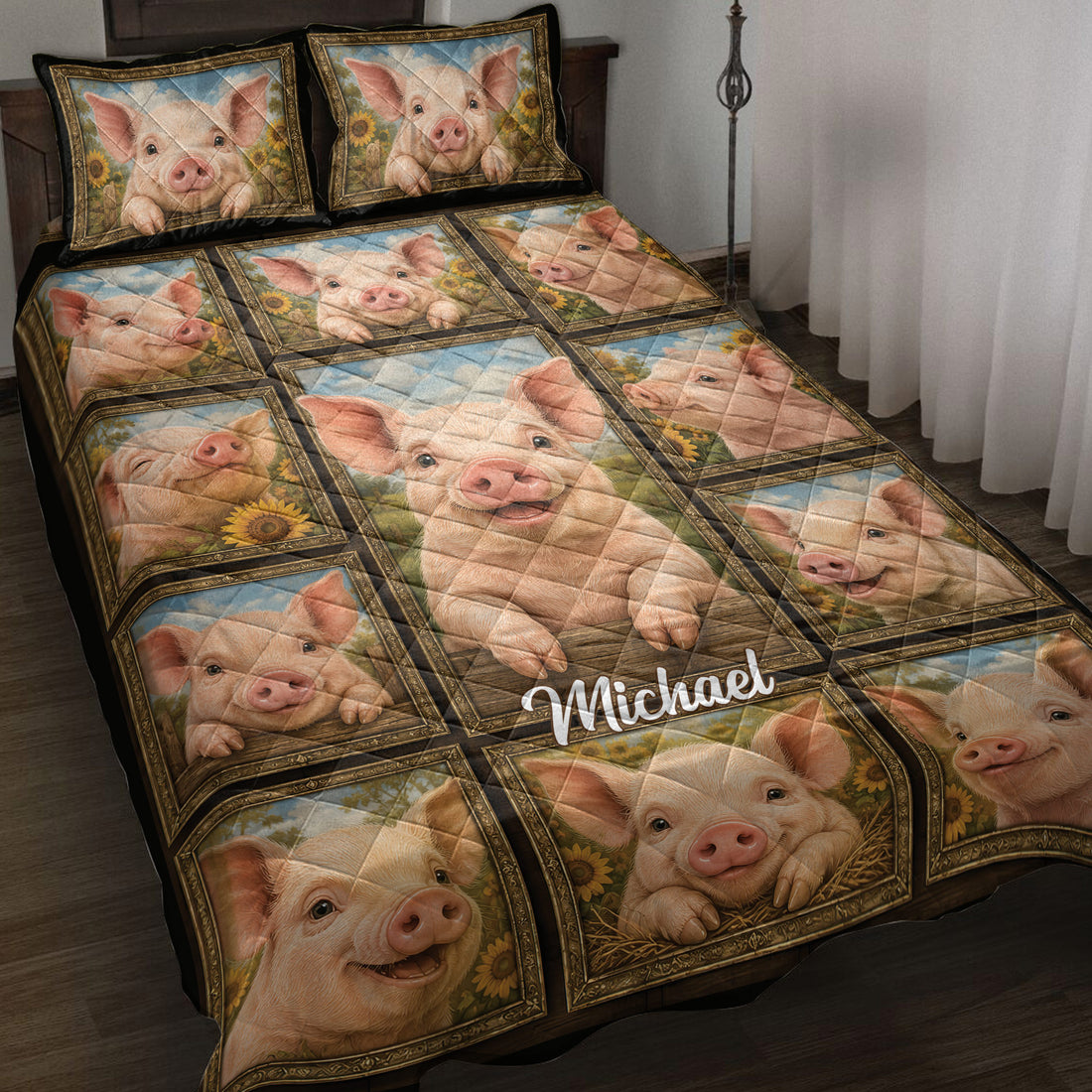 Pig quilt bedding set displayed on a bed with playful pig portraits, sunflowers, and rustic farmhouse artwork