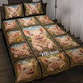 Pig quilt bedding set displayed on a bed with playful pig portraits, sunflowers, and rustic farmhouse artwork