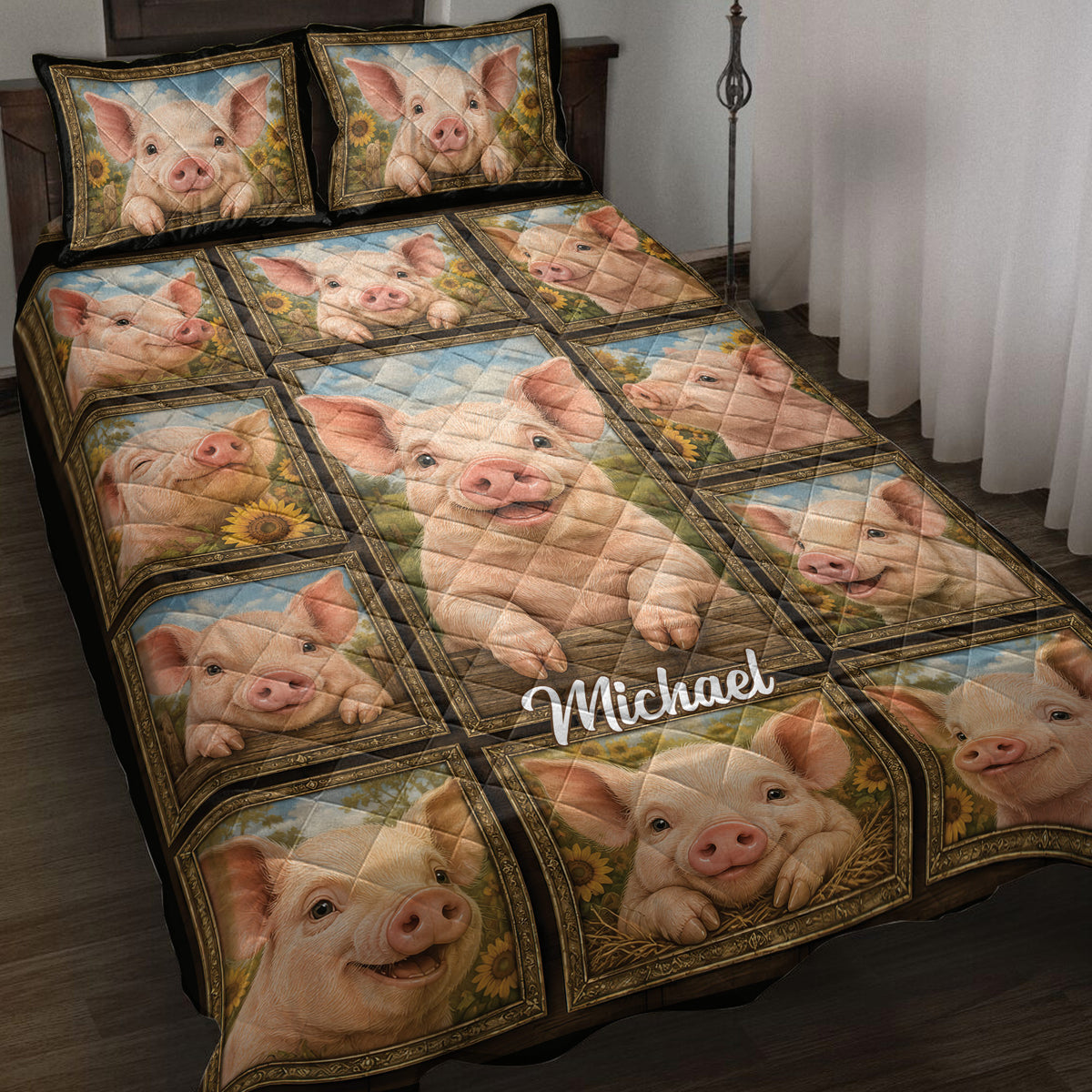 Pig quilt bedding set displayed on a bed with playful pig portraits, sunflowers, and rustic farmhouse artwork