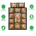Pig quilt bedding set shown front-facing with repeated pig portraits, framed artwork, and feature icons
