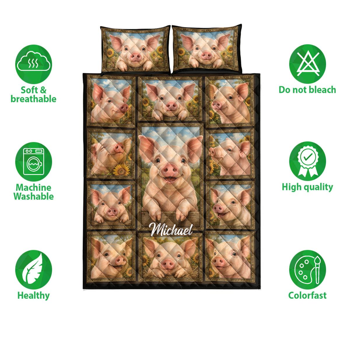Pig quilt bedding set shown front-facing with repeated pig portraits, framed artwork, and feature icons