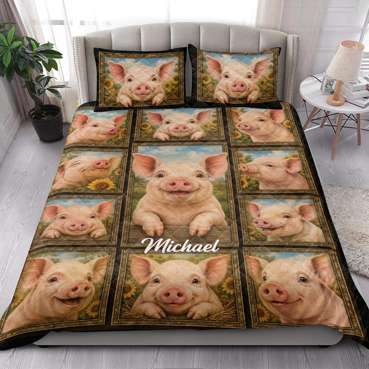 Pig quilt bedding styled in a bright bedroom with pig portraits, sunflower accents, and farmhouse charm