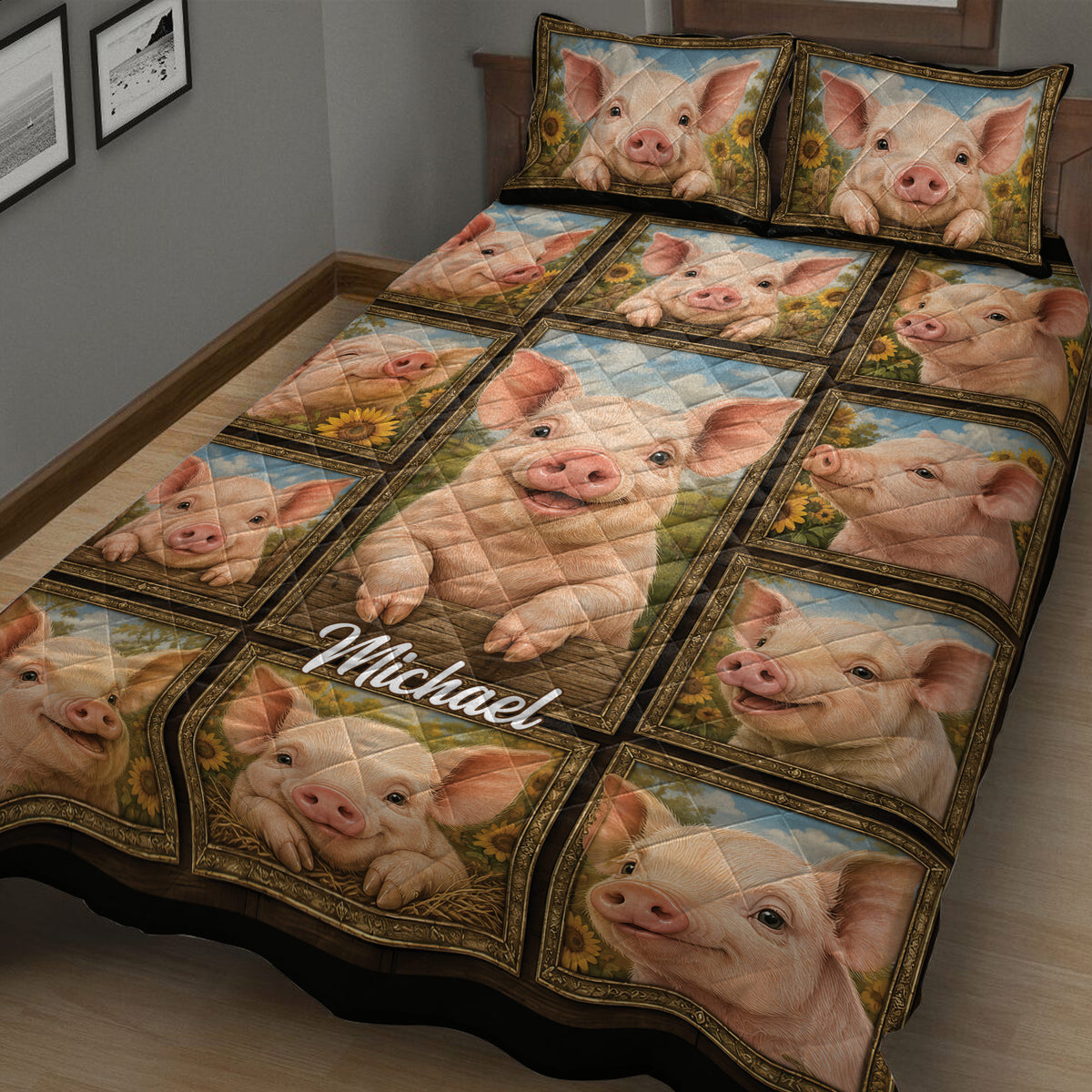 Rustic pig quilt bedding set displayed at an angle with smiling pig portraits and sunflower scenery