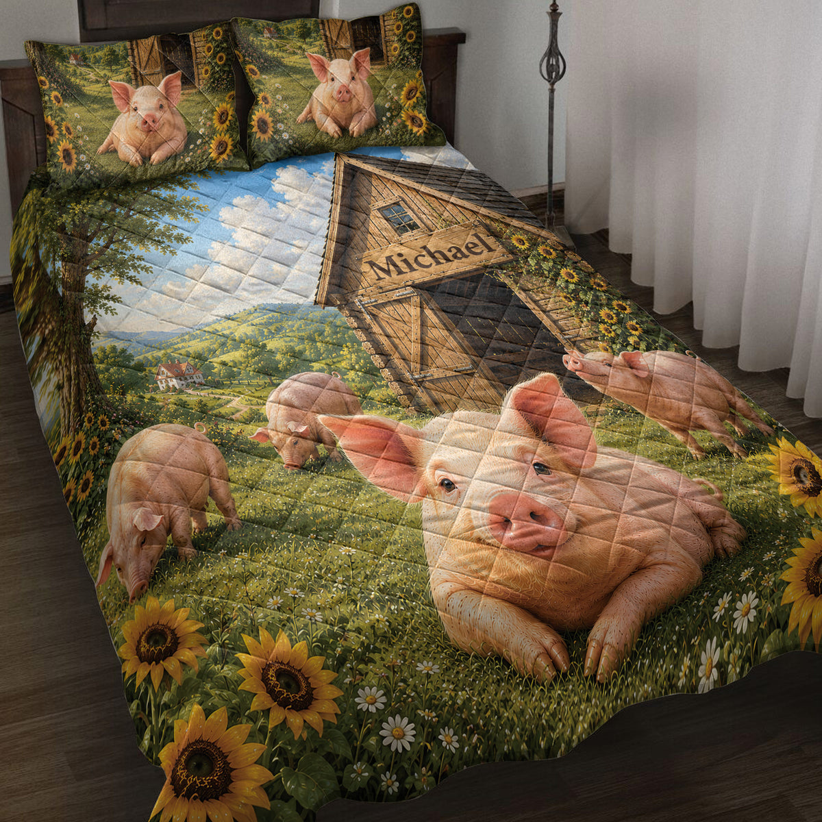 Pig quilt blanket displayed on a bed with piglets, sunflower fields, barn, and countryside artwork
