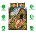 Pig quilt bedding set shown with piglet and barn artwork alongside softness, washability, and color features