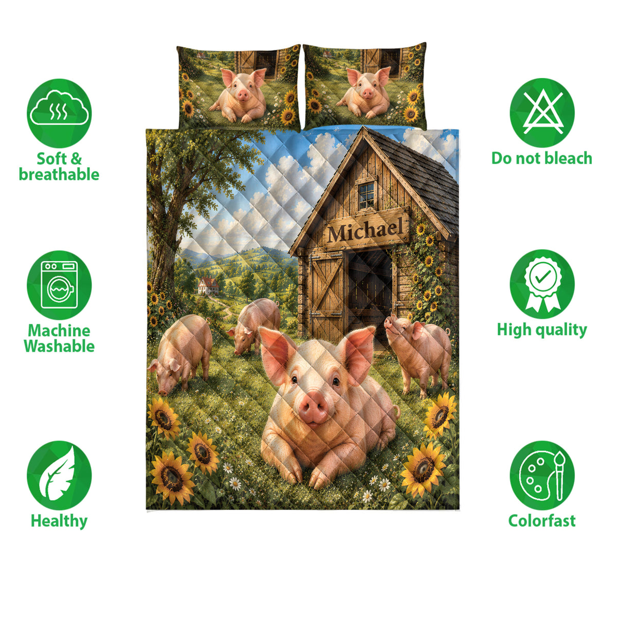 Pig quilt bedding set shown with piglet and barn artwork alongside softness, washability, and color features