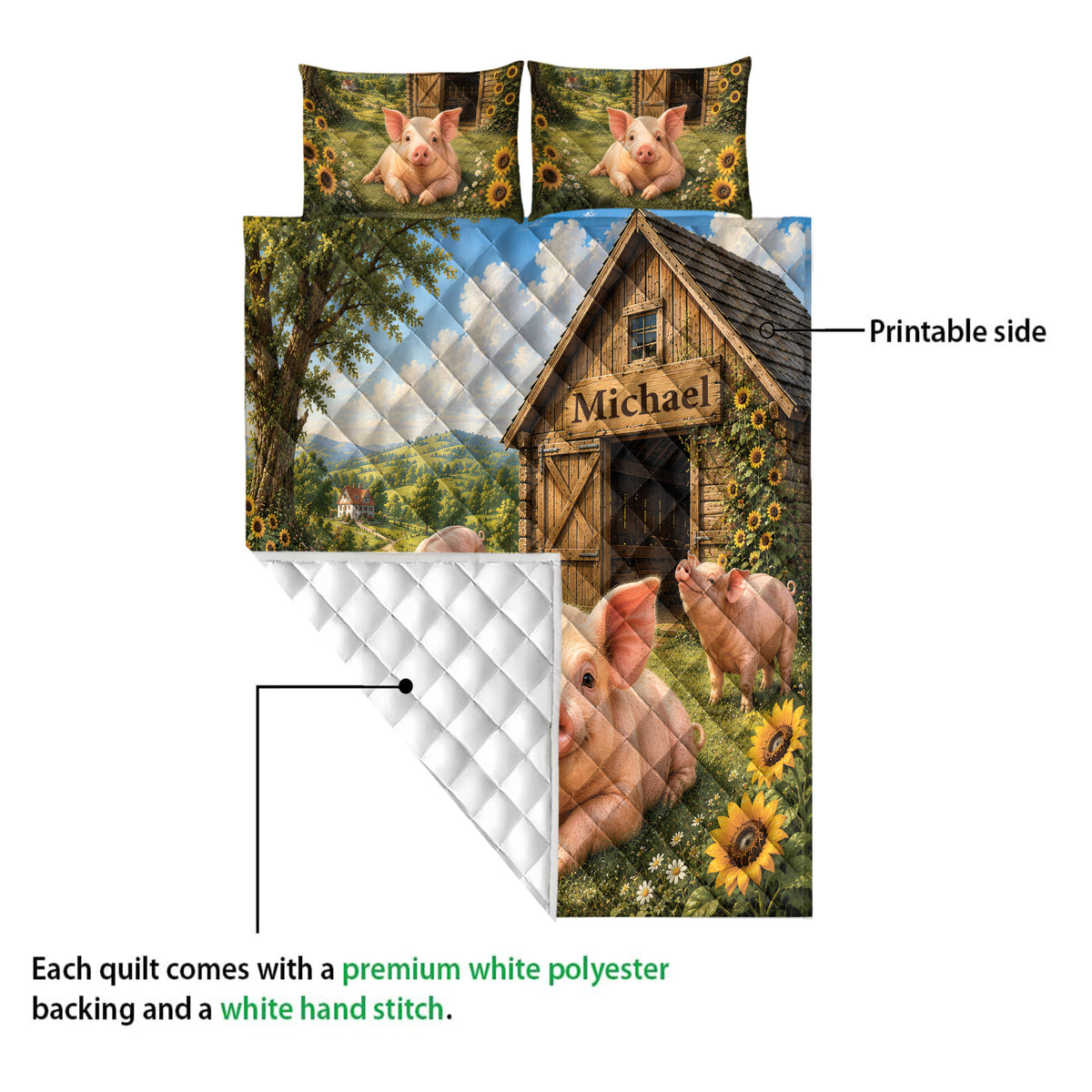 Pig quilt blanket detail showing printed countryside artwork and quilted white backing