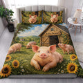 Pig quilt bedding styled in a bright bedroom with piglets, barn, sunflowers, and farm landscape